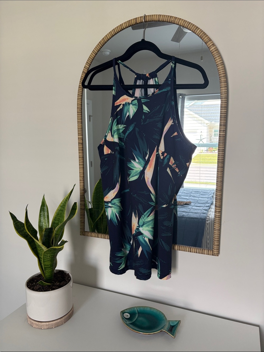 tek gear Navy Activewear HalterTop with Green and Coral Bird of Paradise Print